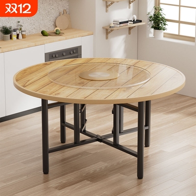 加厚实木大圆桌带转盘餐桌家用10人15可折叠圆形杉木台面桌面超大