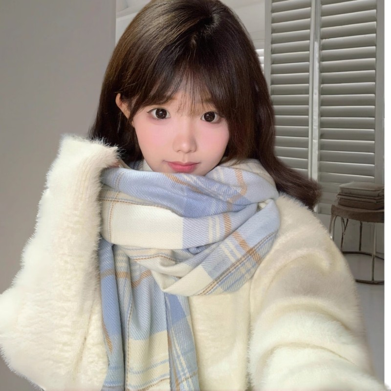 格子保暖情侣百搭jk制服韩版ins少女围巾冬季2025新款蓝白流