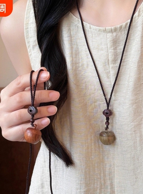 独特创意~可打开的檀木苹果吊坠项链女复古民族风长款毛衣链配饰