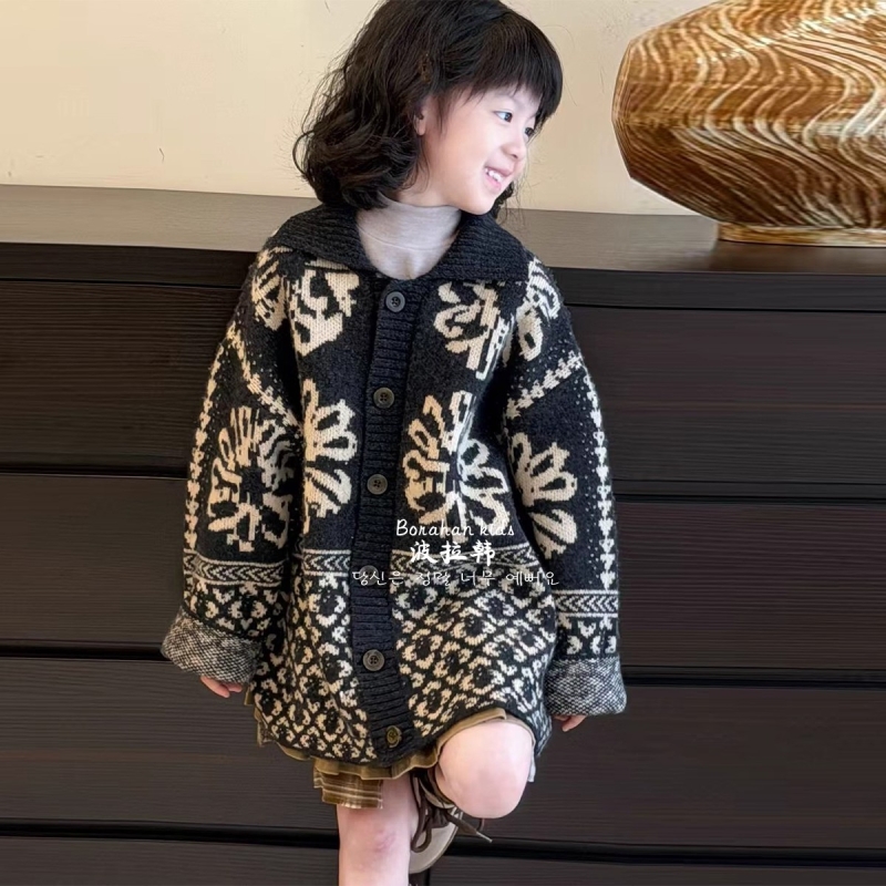 女童加厚毛衣2025冬装儿童外套提花羊毛衫慵懒风宽松针织衫毛线