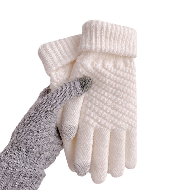 冬季新款仿羊绒触屏针织保暧提花时尚加绒加厚毛线手套手指双层