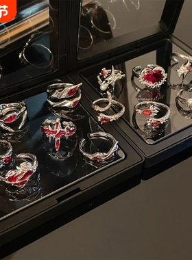 红色高级感戒指女ins叠戴百搭冷淡指环男士小众设计感单身食指戒