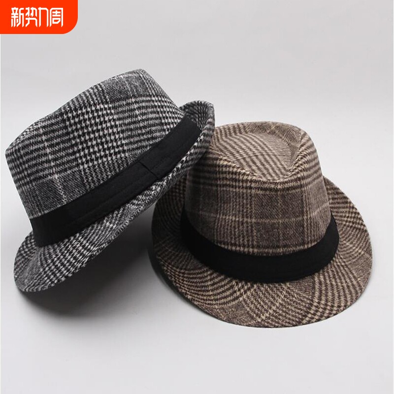 帽子男秋冬季英伦复古格纹爵士帽中老年时尚千鸟格礼帽户外遮阳帽