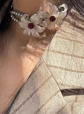 小众设计鸢尾花朵银色仿珍珠项链男女同款choker锁骨链颈链配饰品