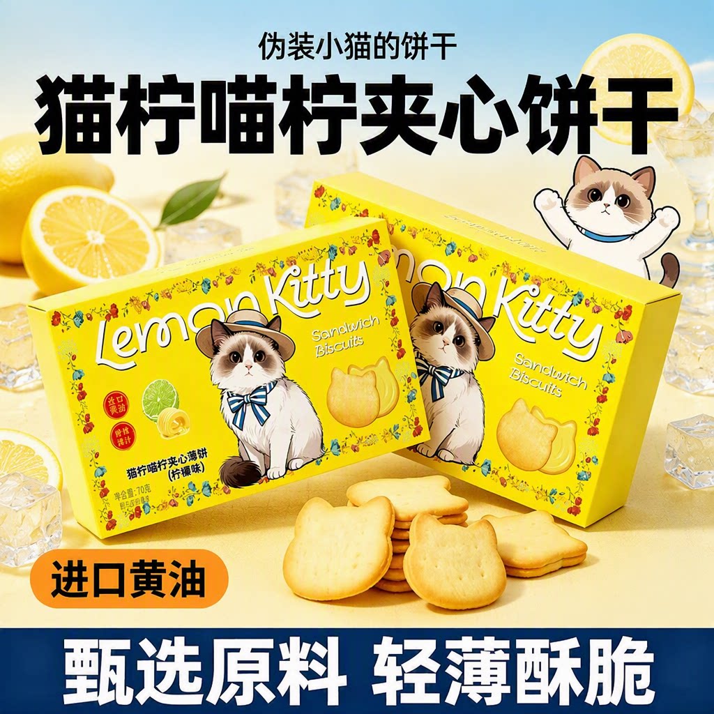 猫柠饼干香水柠檬味夹心薄脆小猫喵咛解馋网红零食酥脆小包装进口