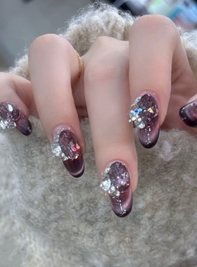 纯手工穿戴甲爆闪大钻玫瑰紫k9显白纯手作美甲片小众扁平大拇指