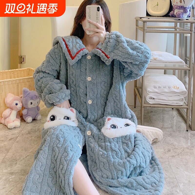 红豆珊瑚绒睡袍女士秋冬加厚加绒法兰绒浴袍睡衣晨袍浴衣长款长袍