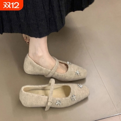 内增高复古毛呢毛毛鞋单鞋女2025秋冬新款配裙子加绒玛丽珍鞋法式