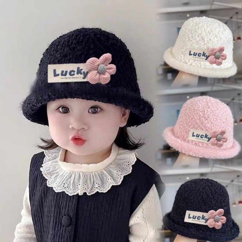 儿童帽子季韩版女童花朵渔夫帽女宝宝加厚保暖洋气百搭水桶帽