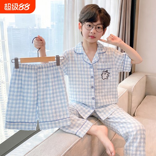 男童夏季薄款短袖卡通三件套睡衣