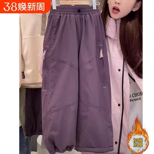 女童2026新加绒加厚裤子秋冬款女中大童摇粒绒冬季儿童阔腿裤防水