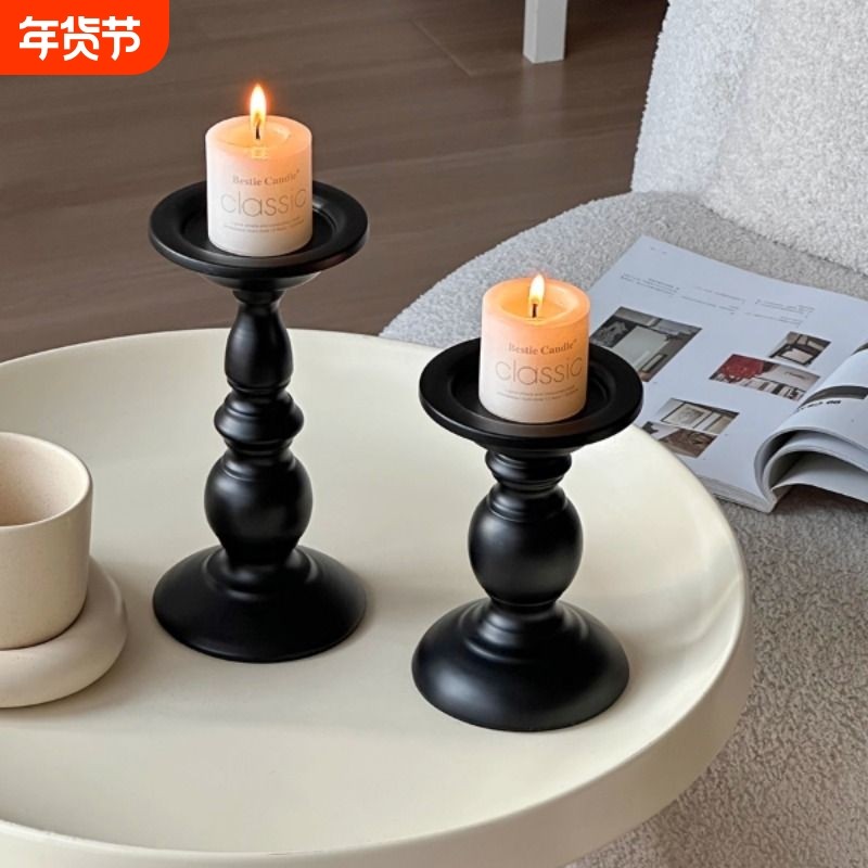 复古黑色罗马柱烛台铁艺摆件蜡烛香薰台座法式家用餐桌氛围感装饰