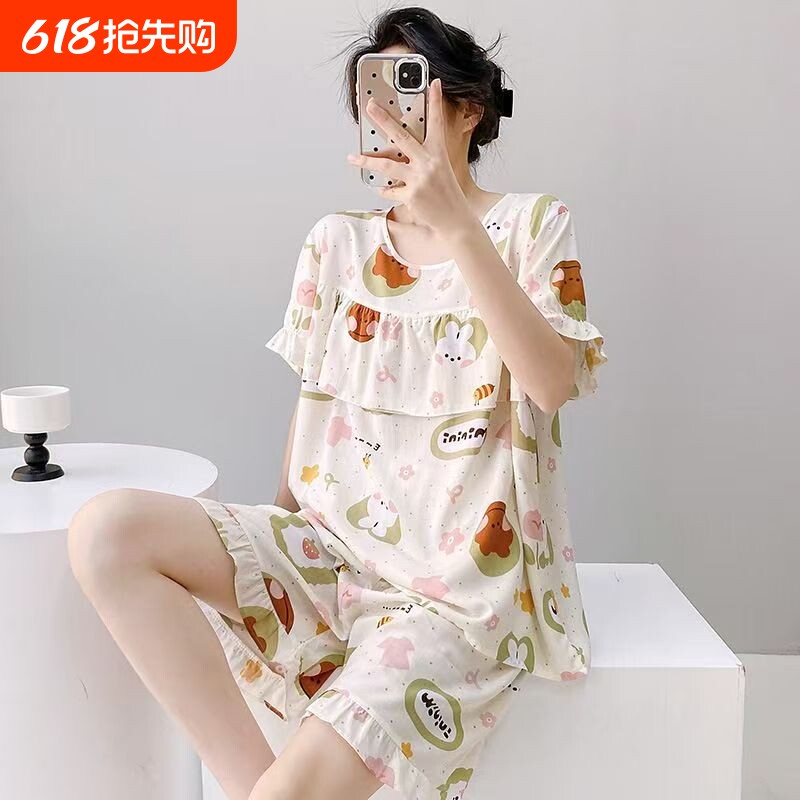 夏季棉绸睡衣女薄款短袖短裤防凸点套装高级纯棉带胸垫外穿家居服