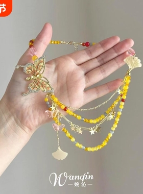 「蜜糖杏雨」甜美多层黄色串珠蝴蝶项链多巴胺银杏叶流苏锁骨链女