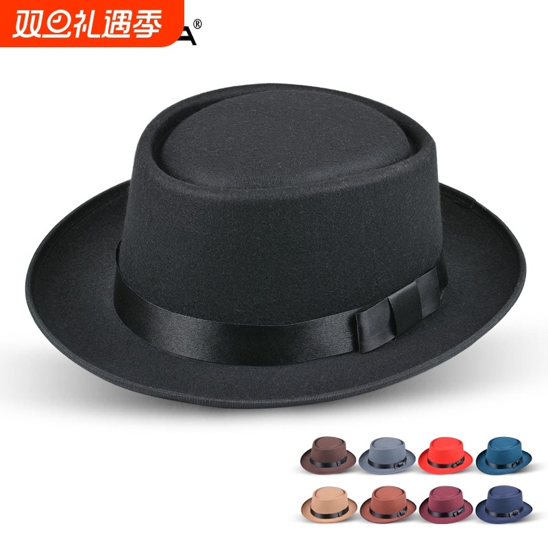 新款男士礼帽女名媛英伦复古爵士帽秋冬表演毛呢平顶黑色礼帽毡帽