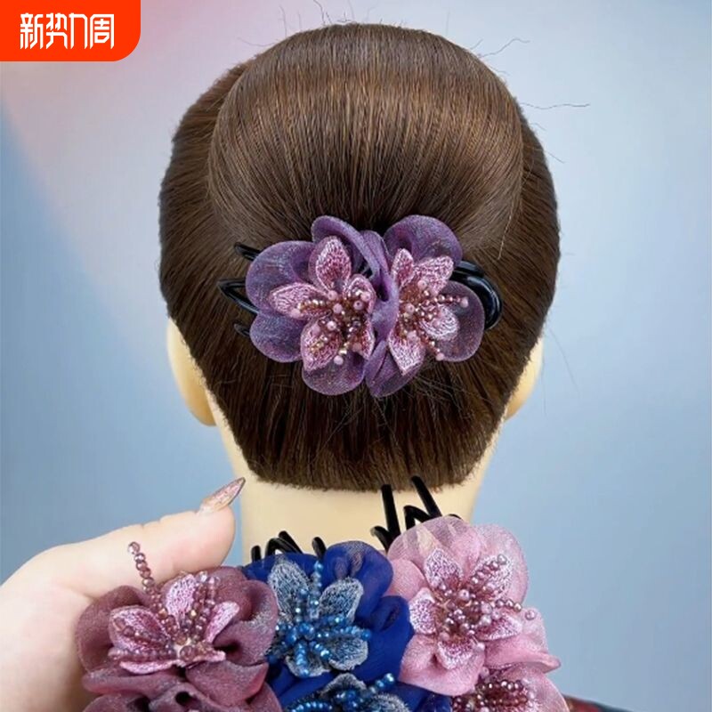 头饰抓夹发夹淑女盘发专用绢纱布艺花朵发饰后脑勺马尾发夹子鸭嘴
