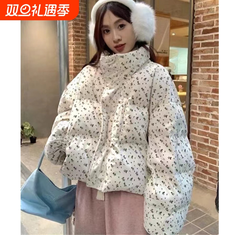 户外条绒小碎花短款羽绒服小个子冬季2024新款立领加厚面包服夹棉