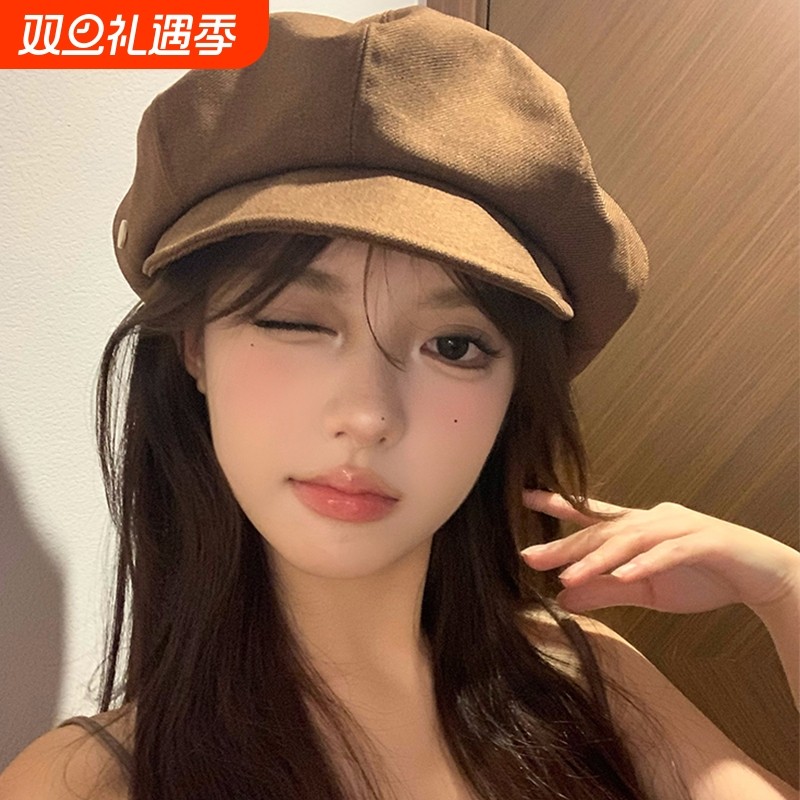 咖色贝雷帽女春秋日系复古百搭八角帽大头围显脸小画家帽子潮黑色