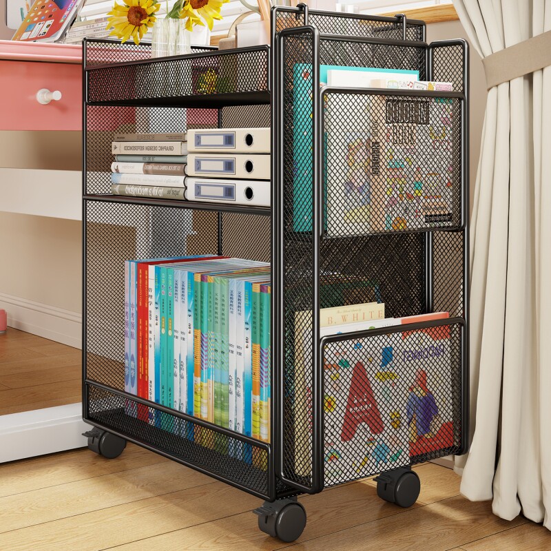 办公室置物架落地可移动书架多层零食小推车一体靠墙书柜架子带轮