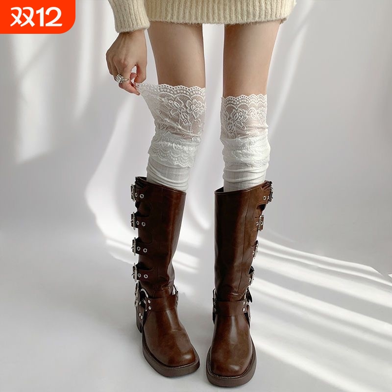 配靴子女蕾丝袜子长筒袜jk日系秋冬款白色黑色氛围灰色甜美高筒