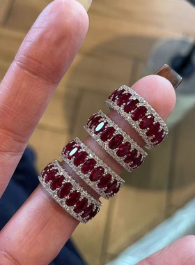 老钱风vintage华丽重工红色排钻戒指女爆闪食指戒高级感贵气