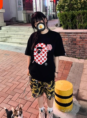 潮牌APE短袖t恤100%纯棉高版本中大童装亲子装SHARK APE猿人迷彩