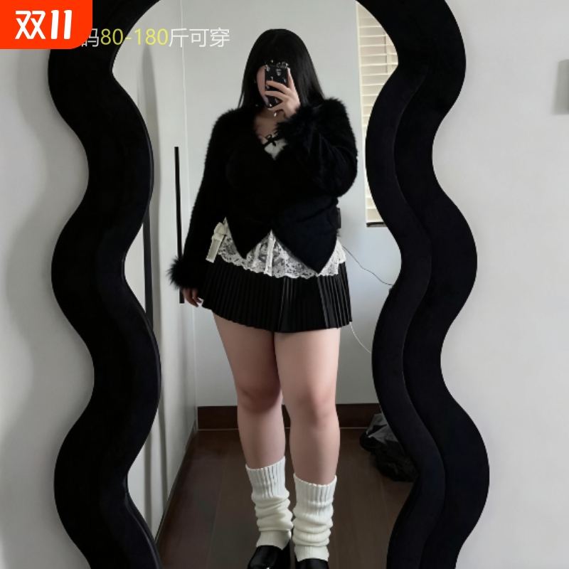大码韩系辣妹气质御姐长袖上衣蕾丝内搭女秋冬季设计感短裙三件套