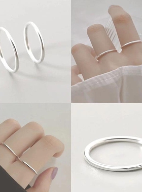 不掉色银戒指女生小众设计男戒指简约细素圈光面情侣尾戒小指磨砂