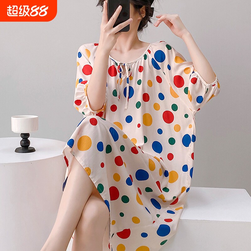 甜美短袖睡裙女夏薄款棉绸2026新款人造棉连衣裙高级感可外穿裙子