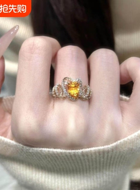 爆闪满钻橙色芬达方糖戒指女款轻奢小众设计高级感百搭不规则指环