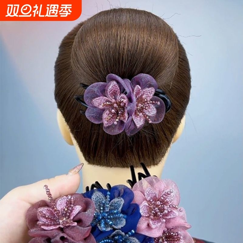 头饰抓夹发夹淑女盘发专用绢纱布艺花朵发饰后脑勺马尾发夹子鸭嘴