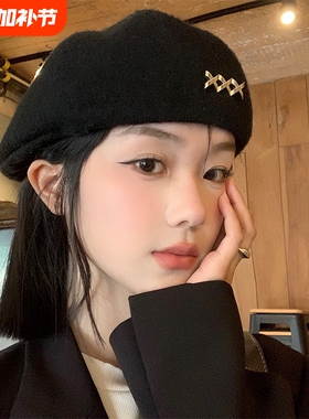 黑色贝雷帽女秋冬季韩系毛呢保暖显脸小白色帽子大头围画家帽灰色
