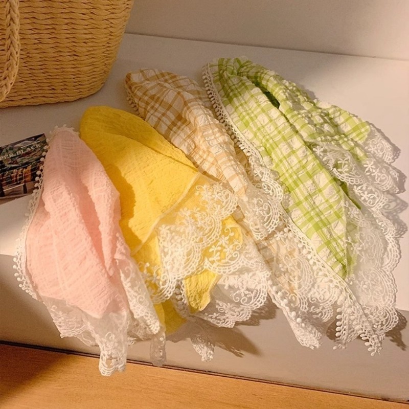 法式海边度假田园风蕾丝格子三角头巾女包头防晒夏复古文艺发带女