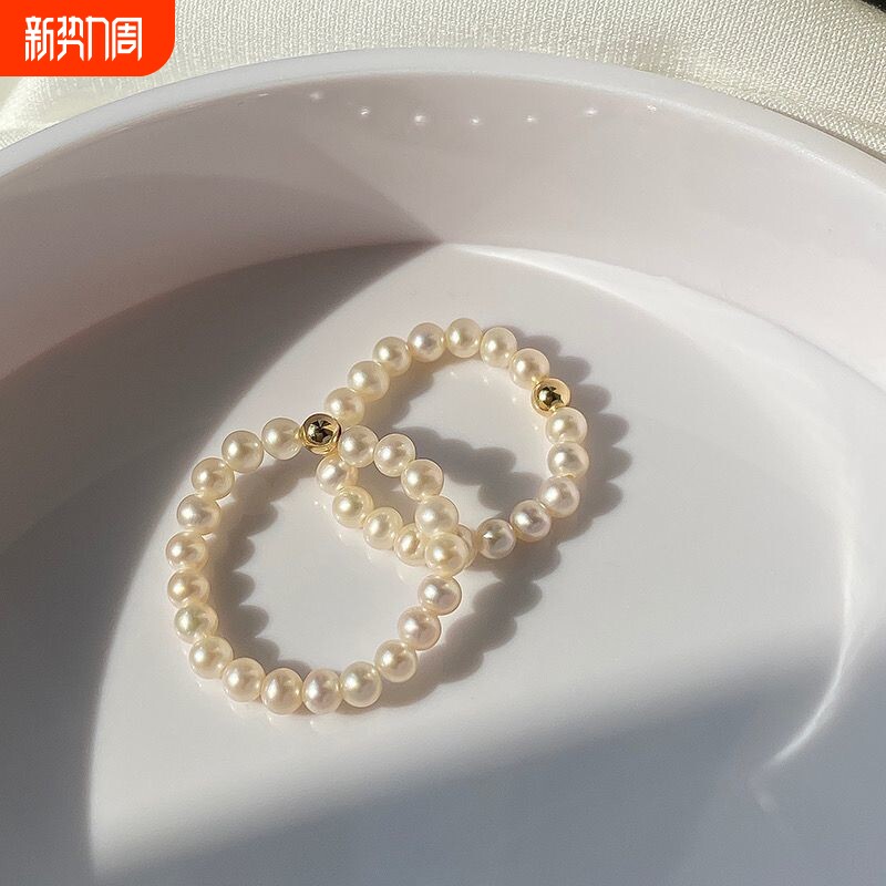 天然淡水弹力珍珠戒指女近圆珠强光小金珠戒指镀金小球戒圈指环