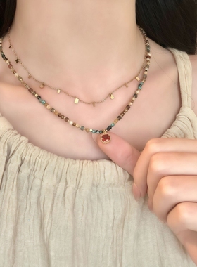 波西米亚民族风红色方糖吊坠项链多巴胺混色天然石叠戴虎眼石颈链