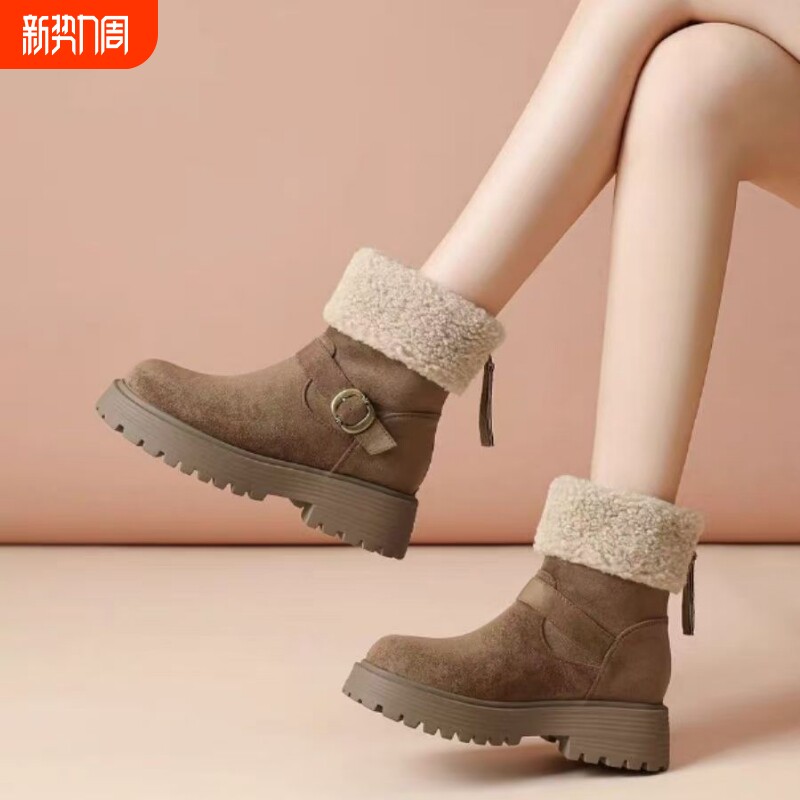 品牌真皮松糕厚底显瘦雪地靴2025年冬磨砂皮女士保暖马丁靴防水