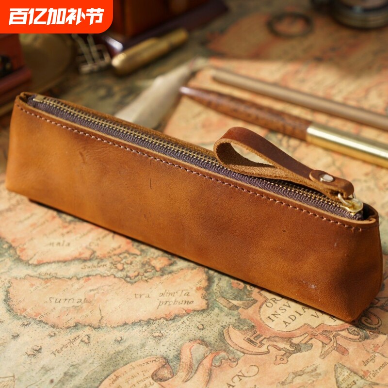 高级感皮质手提钢笔收纳袋简约复古笔袋小号铅笔袋头层牛皮质感文具袋刻刀袋小巧便携软皮棕色