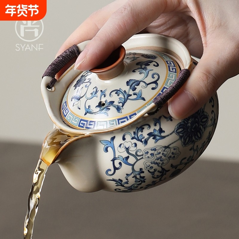 功夫茶具泡茶手抓壶盖碗茶杯高档大号防烫家用青花汝窑茶碗带盖,餐饮具,盖碗,淘宝优惠券,粉丝福利购,淘宝优惠卷