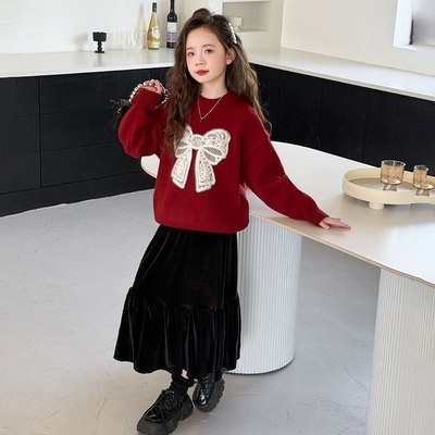 女童蝴蝶结红色毛衣2025秋冬新款洋气针织衫加厚保暖套头上衣毛线