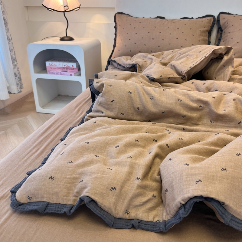 雅鹿款秋冬床上用品四件套纯棉全棉双层纱被套床单床笠三清新宿舍
