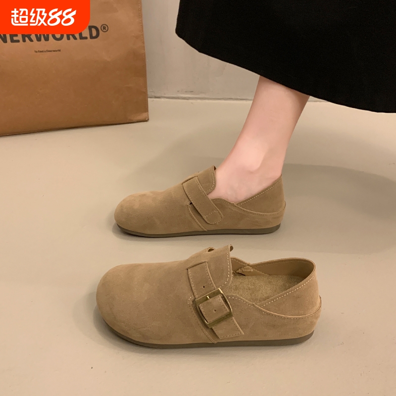 真皮复古全包勃肯鞋女2025秋季新款一脚蹬博肯单鞋厚底休闲乐福鞋