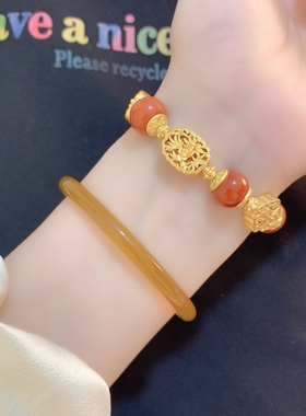 新中式中古包金战国红石古法金花丝镂空配件隔珠手串葫芦手链女