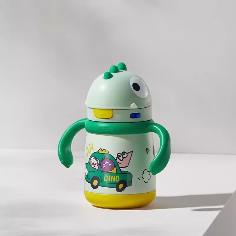BBC霸王龙保温杯300毫升宝宝吸管水杯学饮杯幼儿园便携手柄不锈钢