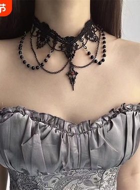 暗黑哥特风黑色蕾丝串珠choker颈带女脖子配饰项链高级感锁骨链