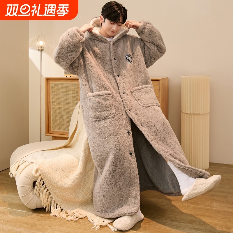 睡衣男士睡袍长款秋冬季珊瑚绒加厚加绒浴袍加肥加大男生冬天浴衣