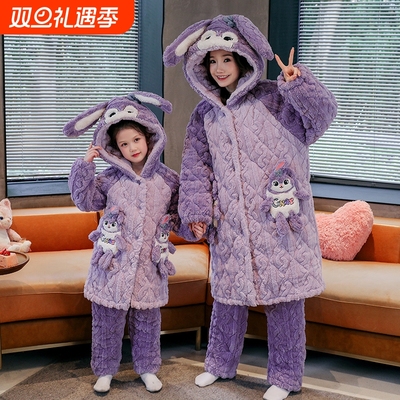 女童秋冬季三层夹棉加厚保暖睡衣
