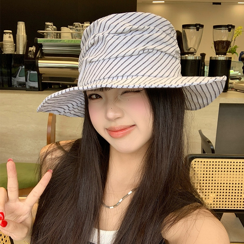 日系春夏季新款休闲百搭条纹褶皱盆帽棉麻平顶小檐遮阳帽渔夫帽女