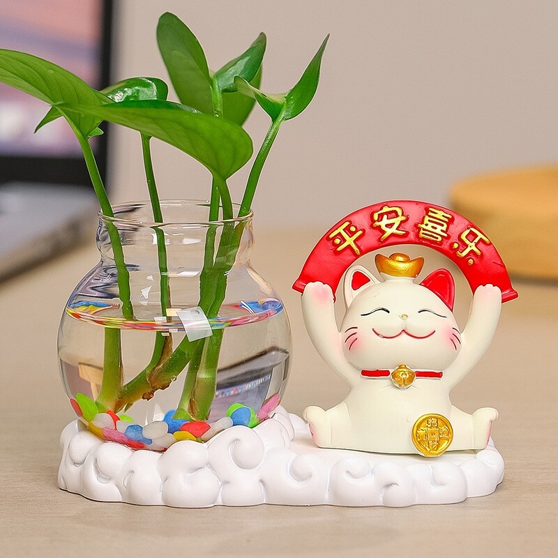招财猫水培创意礼品办公室水养绿萝花瓶器可爱新中式茶桌插花摆设