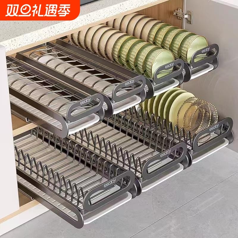 厨房抽拉碗碟架橱柜内拉篮碗架抽屉式放碗盘子收纳沥水置物架台面