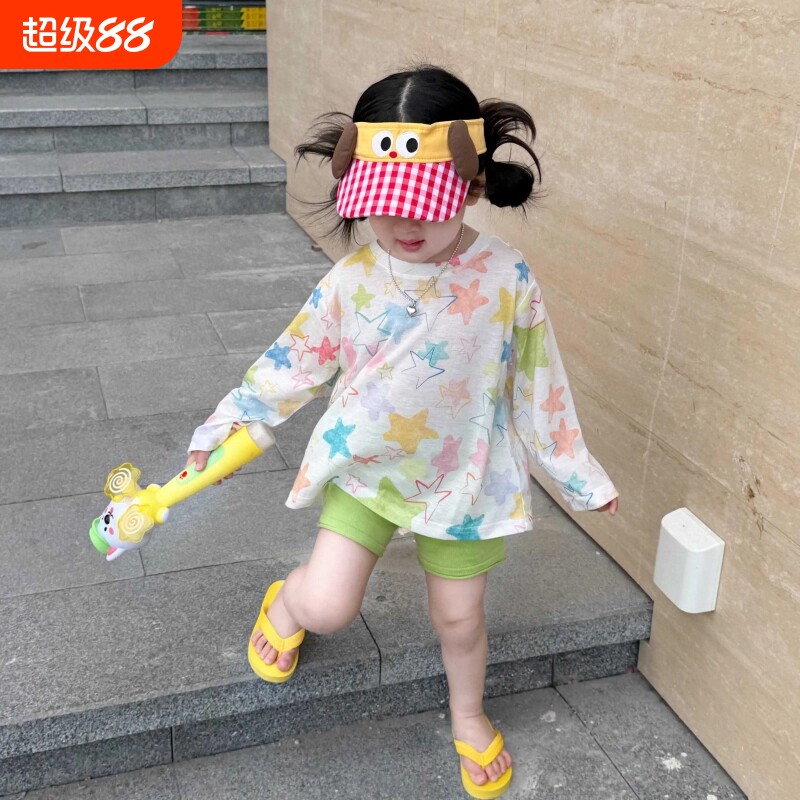 女童夏季薄款防晒罩衫女宝宝夏装长袖T恤五分骑行裤子套装儿童装